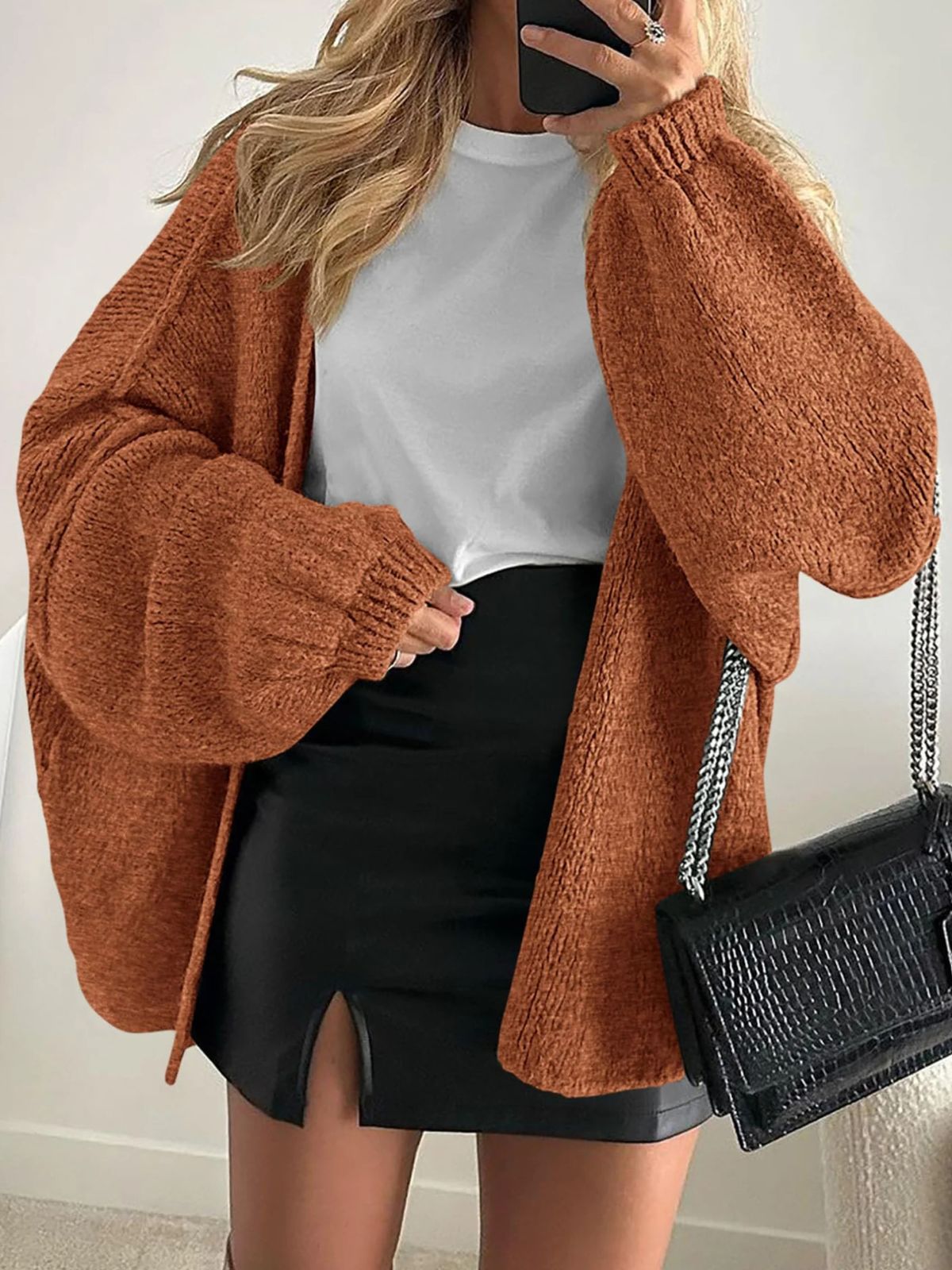 Solid Oversized Camel Outwear Fall Long Lantern Sleeve Knit Cardigan