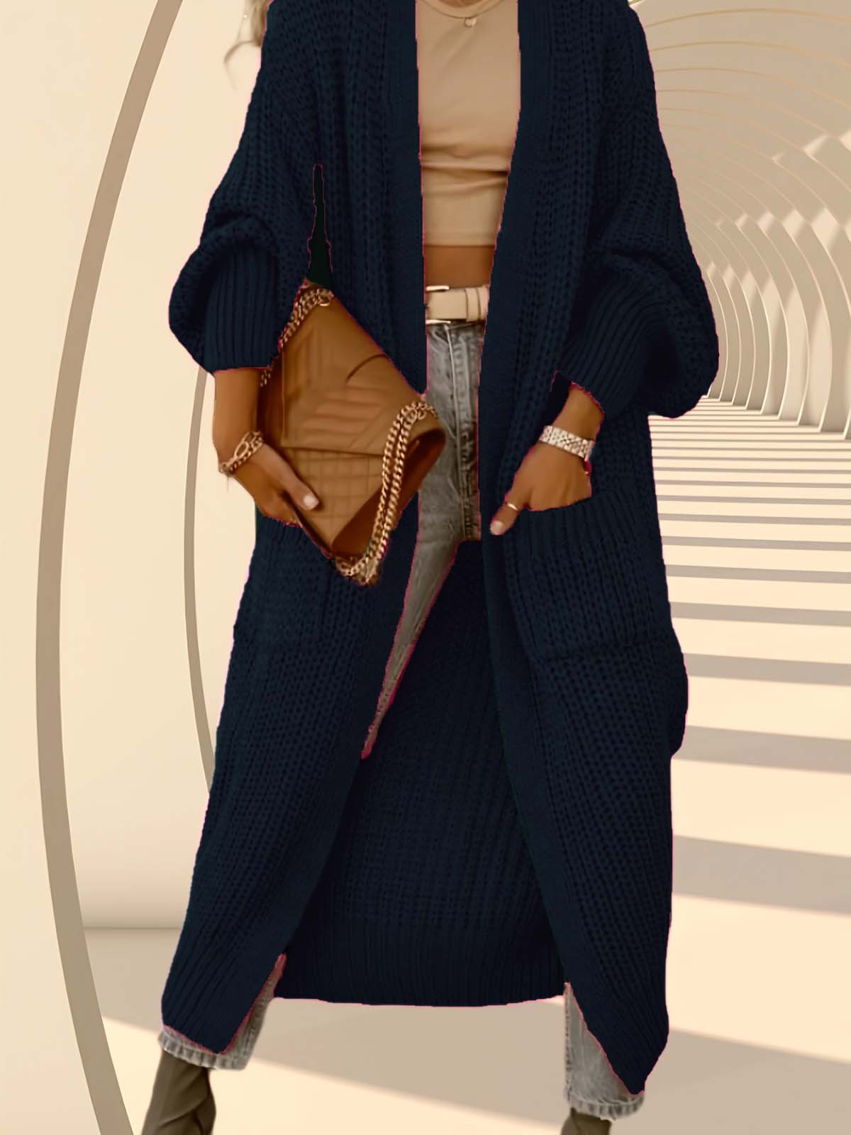 Solid Pocket V-neck Drop Shoulder Casual Basic Pocket Cardigan Ladies Knitwear for Spring & Fall Daily