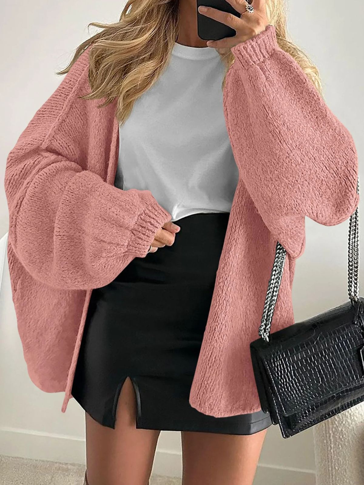 Solid Oversized Camel Outwear Fall Long Lantern Sleeve Knit Cardigan