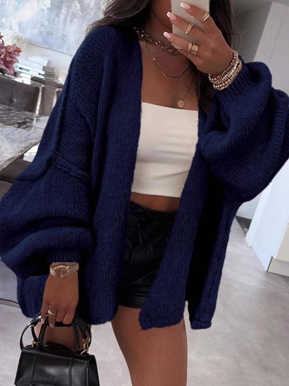 Solid Oversized Camel Outwear Fall Long Lantern Sleeve Knit Cardigan