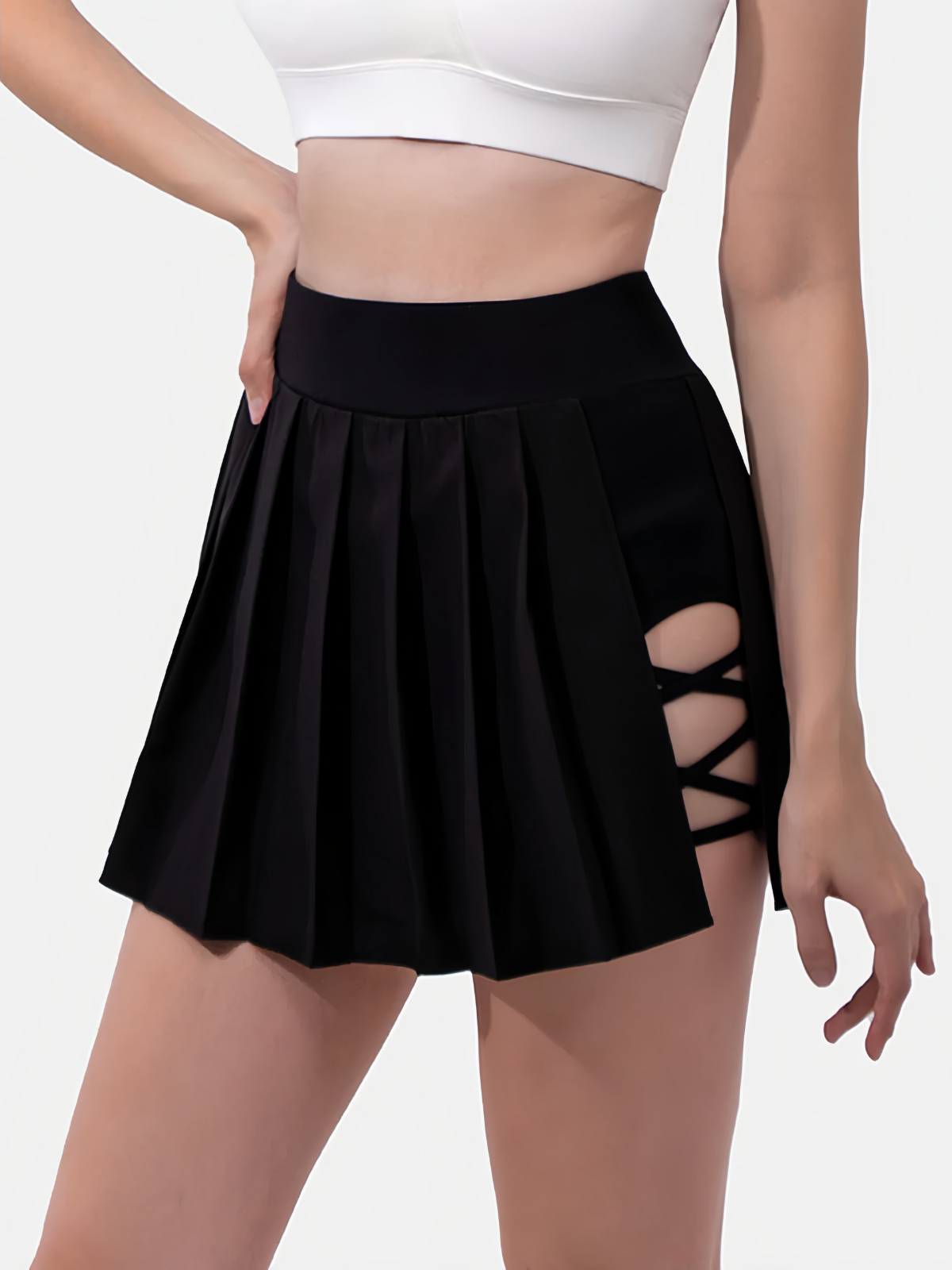 Solid Asymmetric Hem High Waisted Pleated 2 in 1 Side Back Pocket Quick Dry Mini Dance Skirt