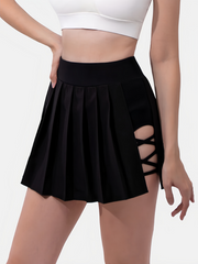Solid Asymmetric Hem High Waisted Pleated 2 in 1 Side Back Pocket Quick Dry Mini Dance Skirt