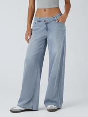 Washed Denim Asymmetric Low Rise Zipper Pockets Baggy Wide Leg Washed Casual Jeans