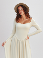 Fashion 2025 Square Neck Long Sleeve Casual A-Line Midi Dress