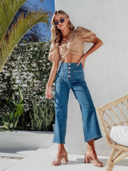 Stretchy High Waisted Stretchy Straight Leg Buttoned Loose Pocket Denim Jeans