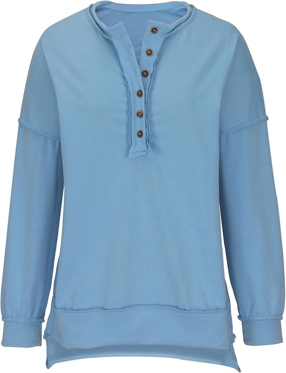 Button Lapel Henley Collar Oversized Pullover Tunic Sweatshirt