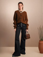 Casual Basic Plain Button Pocket High Rise Stretchy Flare Leg Denim Jeans