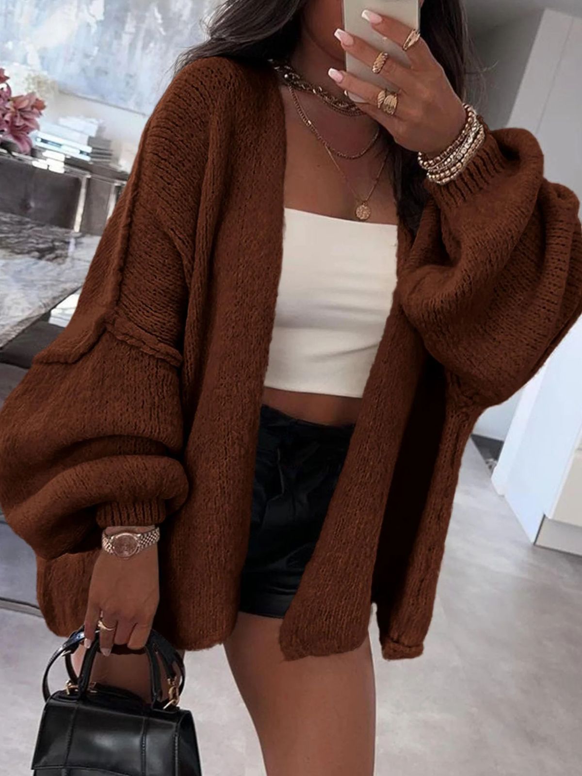 Solid Oversized Camel Outwear Fall Long Lantern Sleeve Knit Cardigan