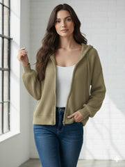 Solid Rib-knit Casual Knit Hooded Drop Shoulder Sweater Versatile Outerwear & Layering