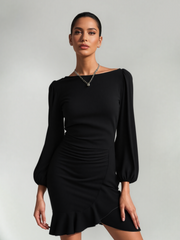 Solid Chic Elegant Ruched Ruffle Trim Zipper Long Sleeves Bodycon Dress