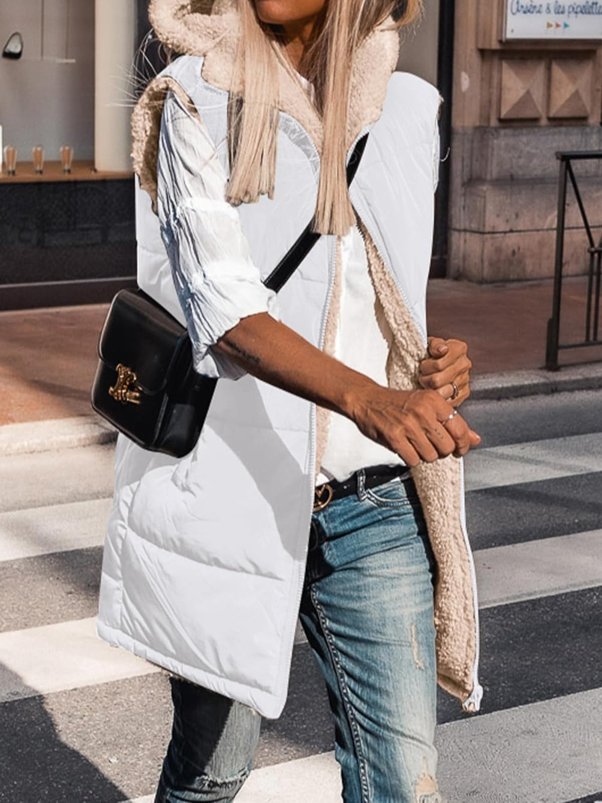 Solid Pocket Zip Up Hooded Basic Casual Vest