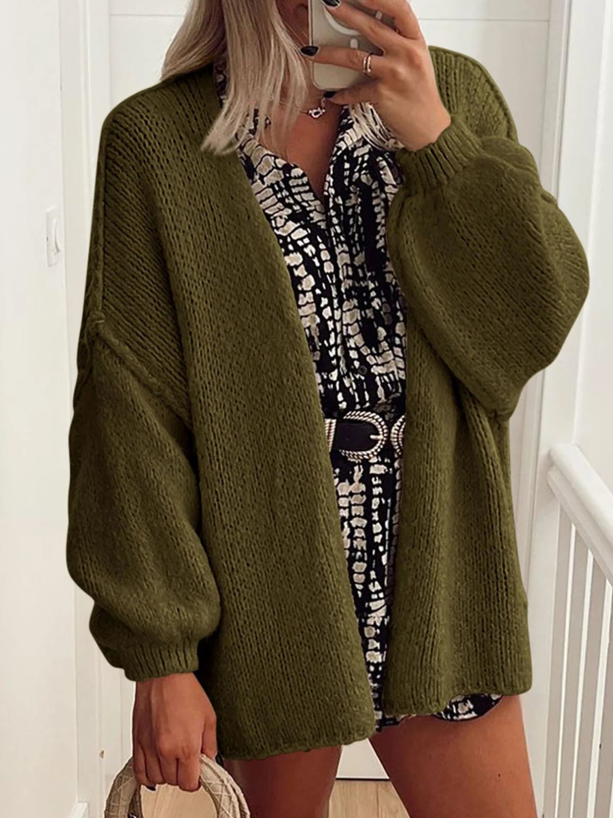 Solid Oversized Camel Outwear Fall Long Lantern Sleeve Knit Cardigan