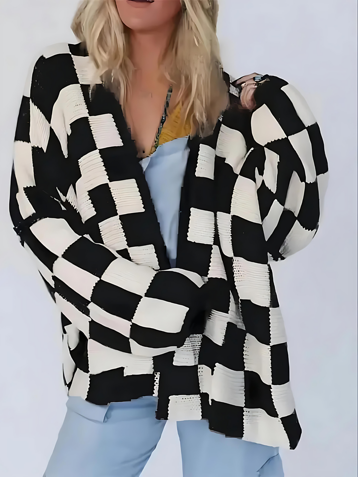 Plus Size Gingham Plaid V-neck Drop Shoulder Casual Outwear Cardigan