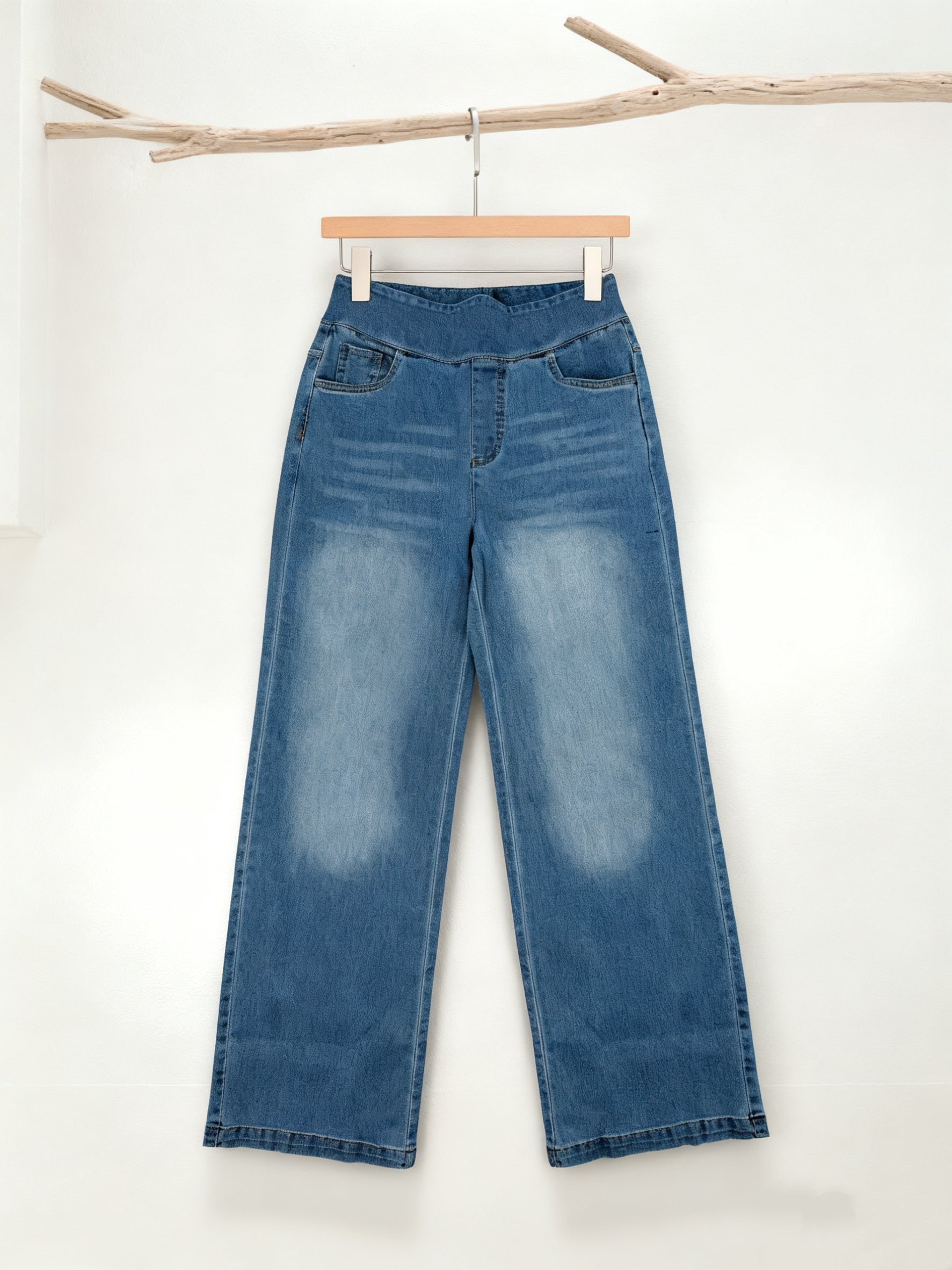 Baggy Washed Stretchy Knit High Waisted Multiple Pockets Baggy Wide Leg Denim Jeans