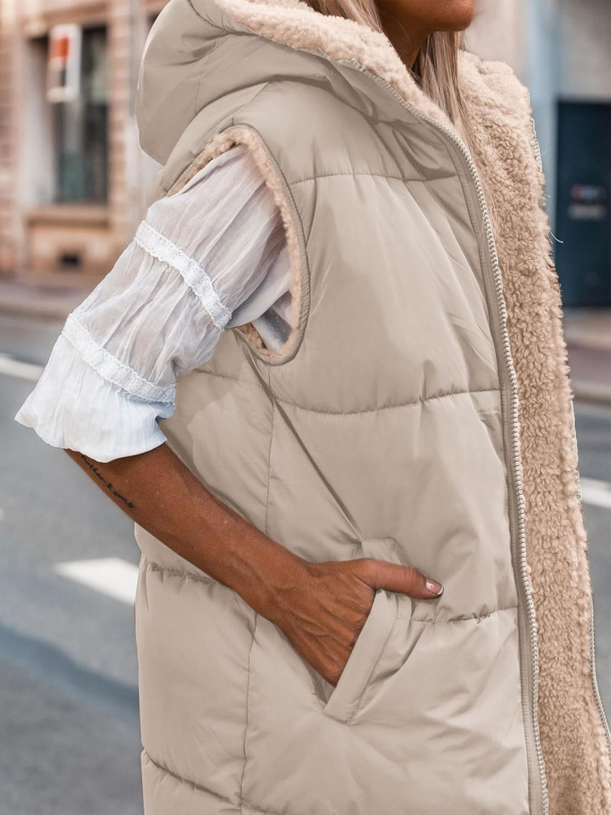 Solid Pocket Zip Up Hooded Basic Casual Vest