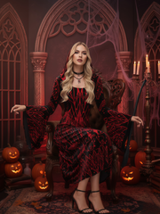 Gingham Insect Moth Halloween Dark Style Plaid Hooded Flare Sleeve A-line Dress