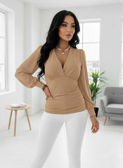 Solid Ruched V-neck Lantern Blouse for Daily Wear