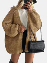 Solid Oversized Camel Outwear Fall Long Lantern Sleeve Knit Cardigan