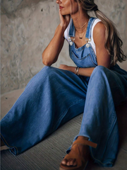 Vintage Square Neck Denim Wide Leg Pocket Jumpsuit
