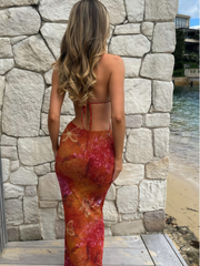 Floral Sexy Vacation Lace-up Halter Cut-out waist Bodycon Long Dress