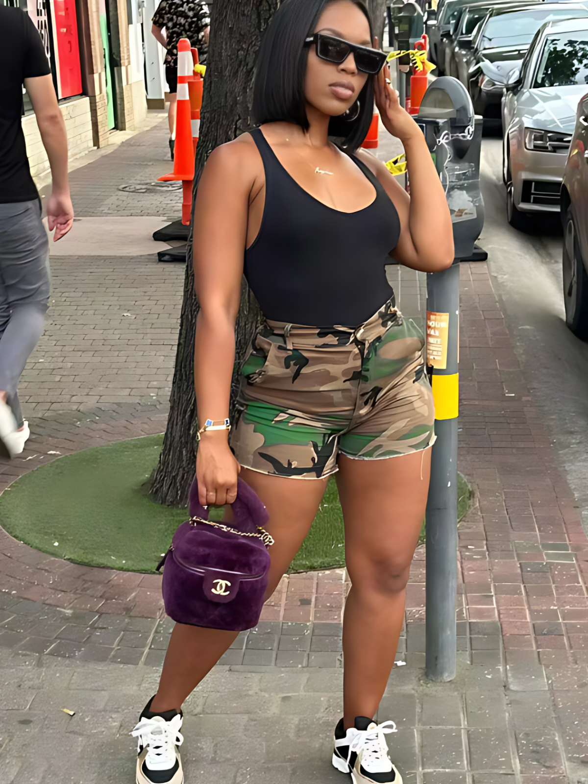 Camo Print High Waist Lady Casual Comfy Workout Camouflage Button Front Skinny Shorts
