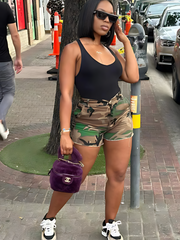 Camo Print High Waist Lady Casual Comfy Workout Camouflage Button Front Skinny Shorts