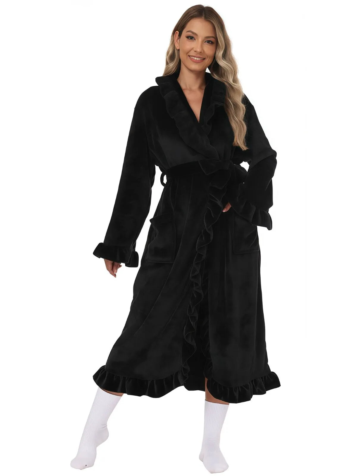 1pc Solid Fitted Long Sleeve Flannelette Robe with Ruffle Hem Cozy Warmth and Elegant Style, Thick and Soft Layered Bathrobe