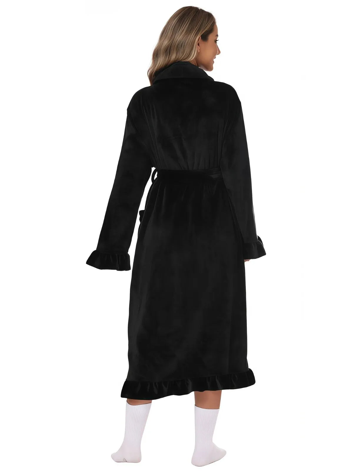 1pc Solid Fitted Long Sleeve Flannelette Robe with Ruffle Hem Cozy Warmth and Elegant Style, Thick and Soft Layered Bathrobe