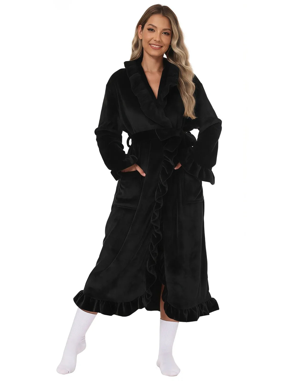 1pc Solid Fitted Long Sleeve Flannelette Robe with Ruffle Hem Cozy Warmth and Elegant Style, Thick and Soft Layered Bathrobe