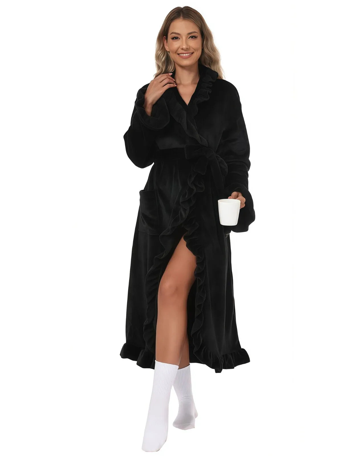 1pc Solid Fitted Long Sleeve Flannelette Robe with Ruffle Hem Cozy Warmth and Elegant Style, Thick and Soft Layered Bathrobe