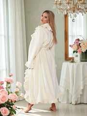1pc Solid Fitted Long Sleeve Flannelette Robe with Ruffle Hem Cozy Warmth and Elegant Style, Thick and Soft Layered Bathrobe
