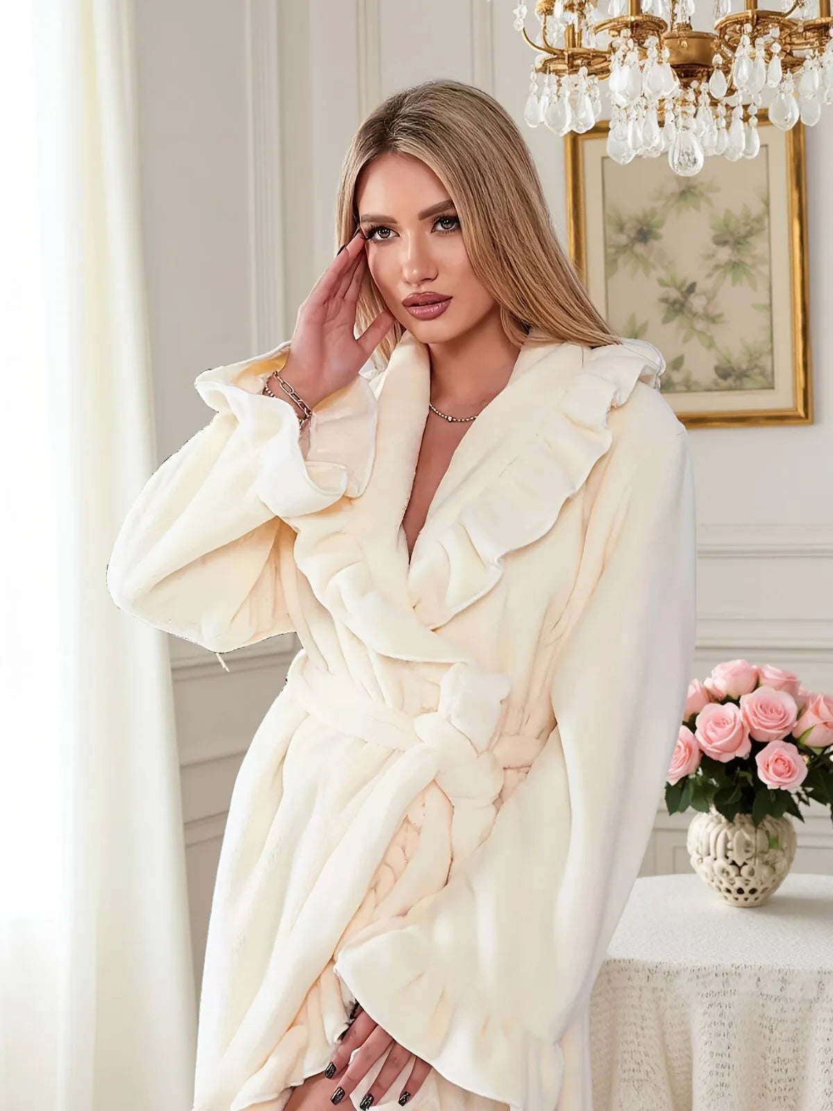 1pc Solid Fitted Long Sleeve Flannelette Robe with Ruffle Hem Cozy Warmth and Elegant Style, Thick and Soft Layered Bathrobe