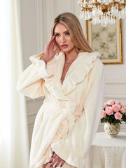 1pc Solid Fitted Long Sleeve Flannelette Robe with Ruffle Hem Cozy Warmth and Elegant Style, Thick and Soft Layered Bathrobe