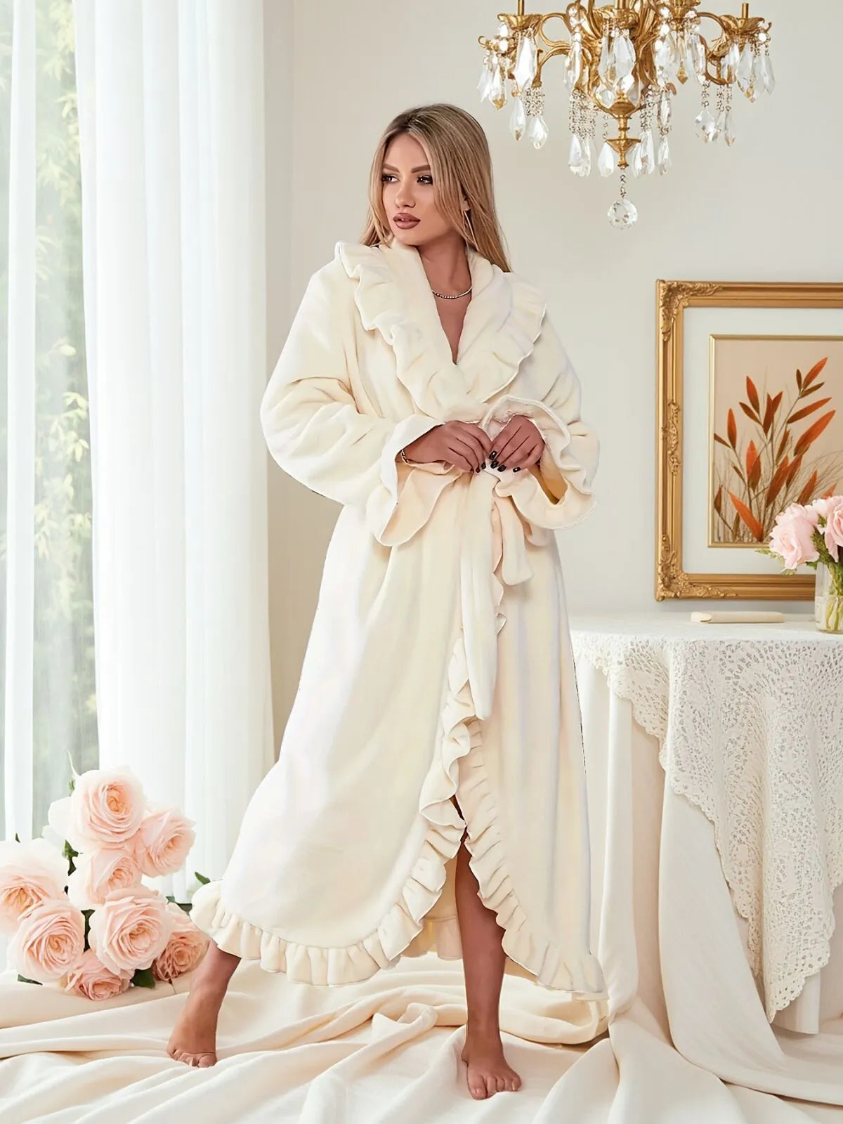 1pc Solid Fitted Long Sleeve Flannelette Robe with Ruffle Hem Cozy Warmth and Elegant Style, Thick and Soft Layered Bathrobe