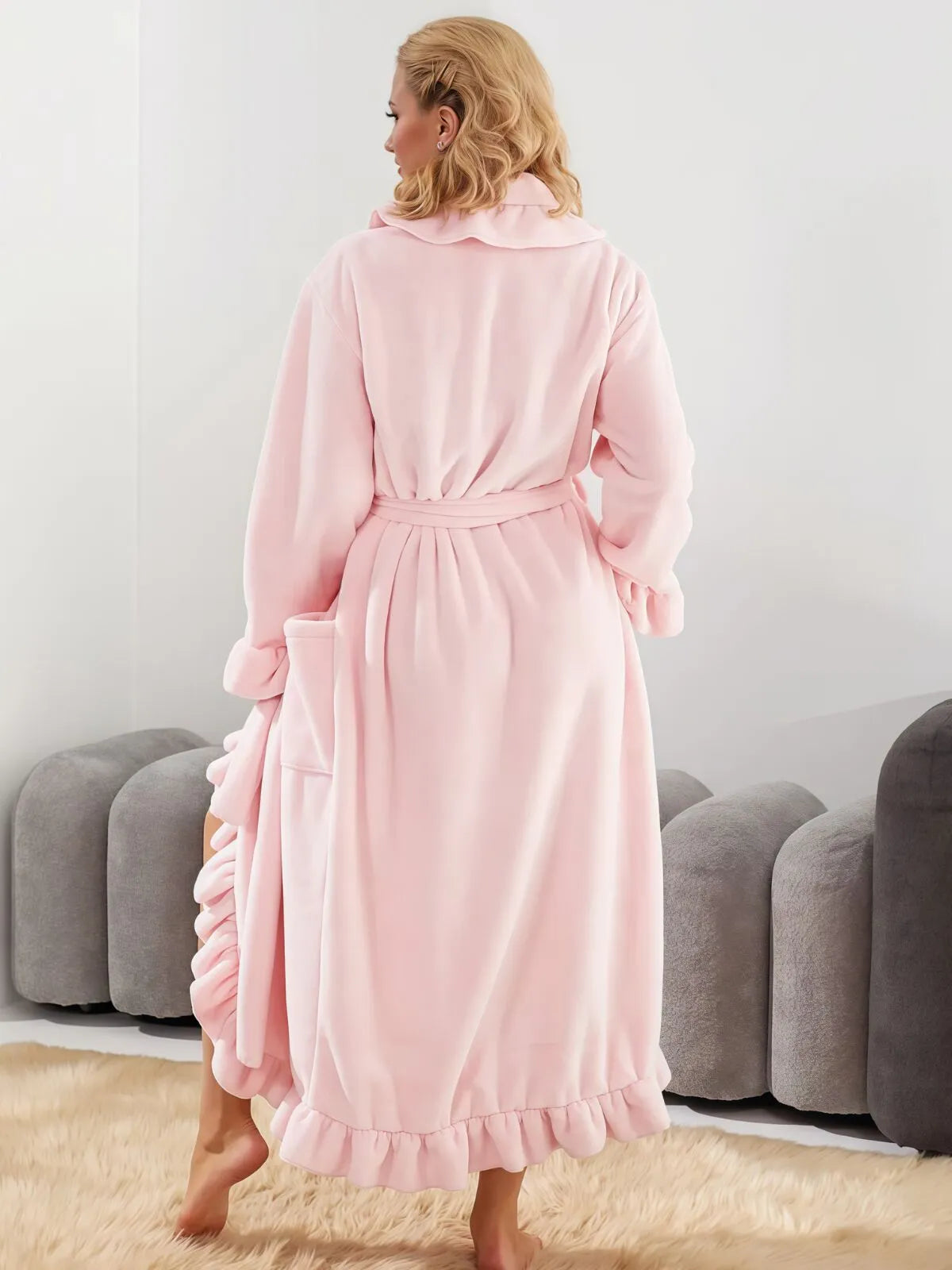 1pc Solid Fitted Long Sleeve Flannelette Robe with Ruffle Hem Cozy Warmth and Elegant Style, Thick and Soft Layered Bathrobe