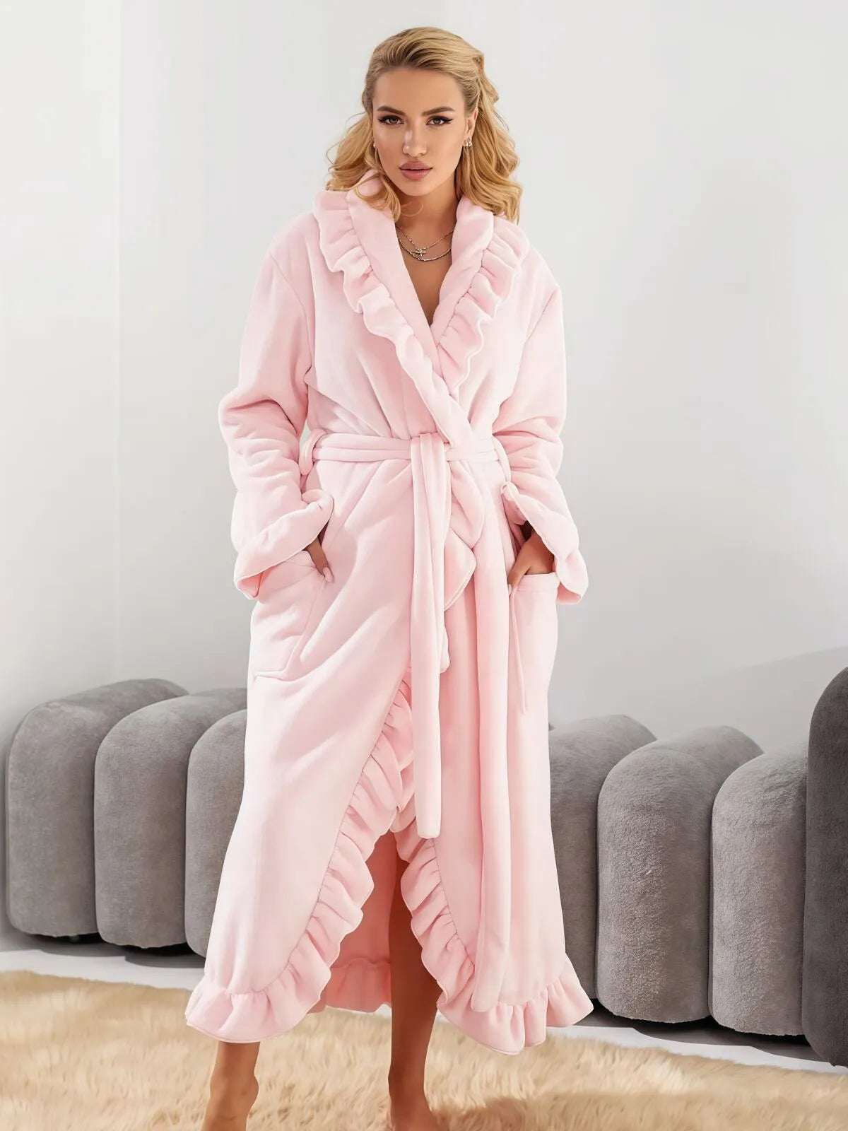 1pc Solid Fitted Long Sleeve Flannelette Robe with Ruffle Hem Cozy Warmth and Elegant Style, Thick and Soft Layered Bathrobe