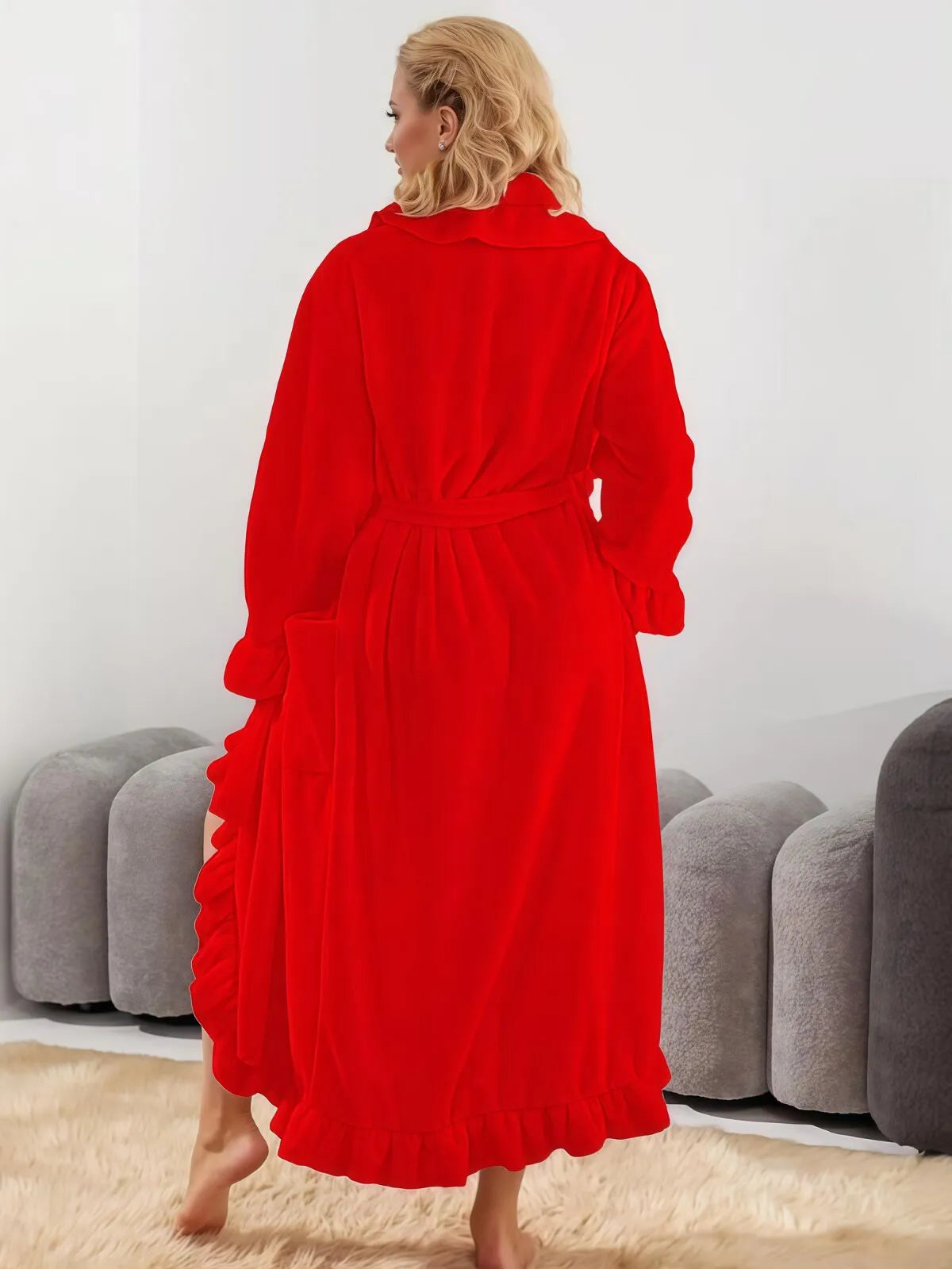 1pc Solid Fitted Long Sleeve Flannelette Robe with Ruffle Hem Cozy Warmth and Elegant Style, Thick and Soft Layered Bathrobe