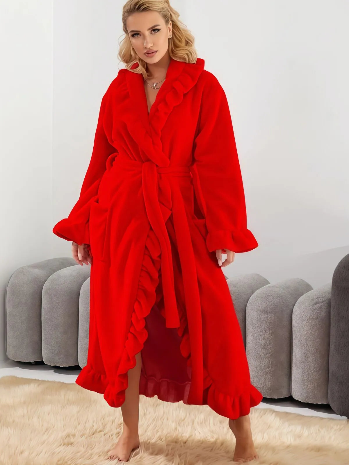 1pc Solid Fitted Long Sleeve Flannelette Robe with Ruffle Hem Cozy Warmth and Elegant Style, Thick and Soft Layered Bathrobe
