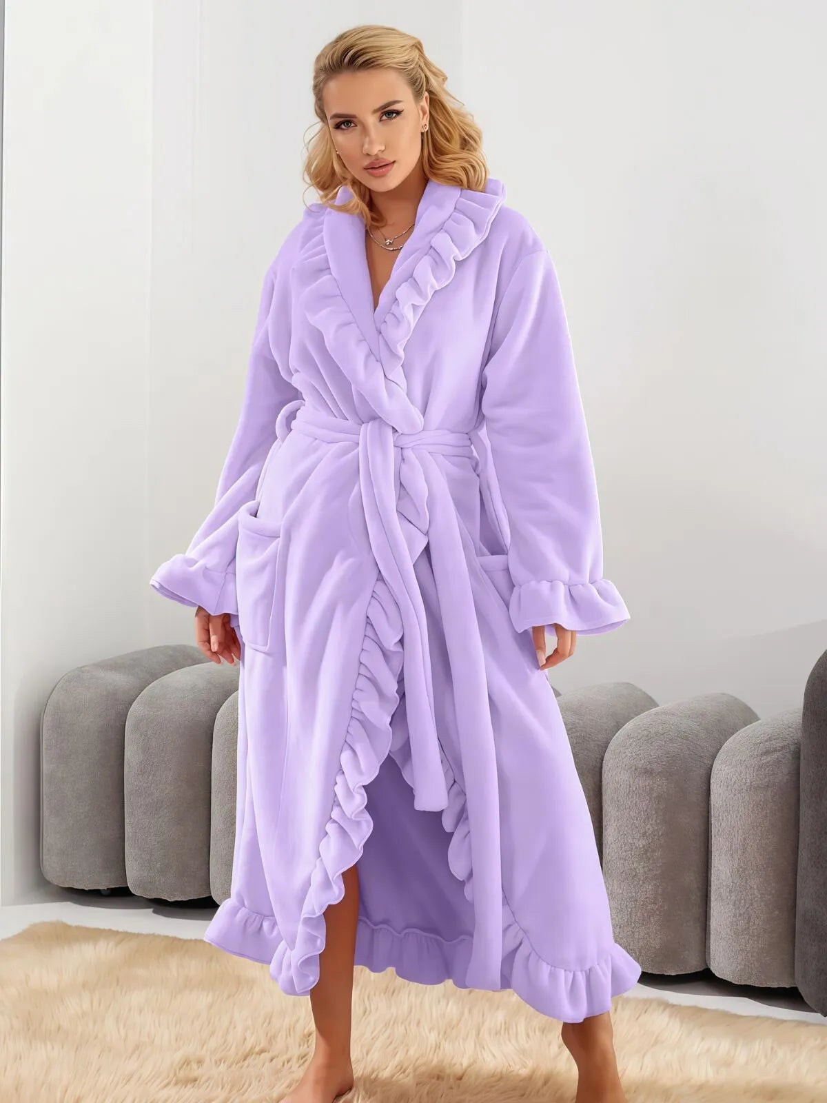 1pc Solid Fitted Long Sleeve Flannelette Robe with Ruffle Hem Cozy Warmth and Elegant Style, Thick and Soft Layered Bathrobe