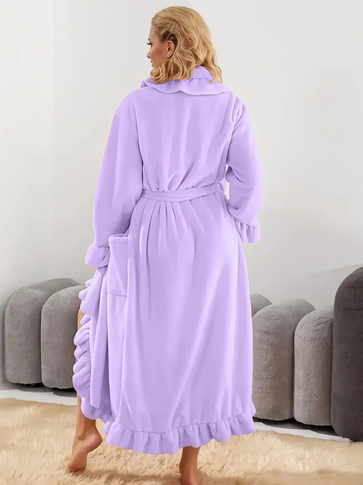 1pc Solid Fitted Long Sleeve Flannelette Robe with Ruffle Hem Cozy Warmth and Elegant Style, Thick and Soft Layered Bathrobe
