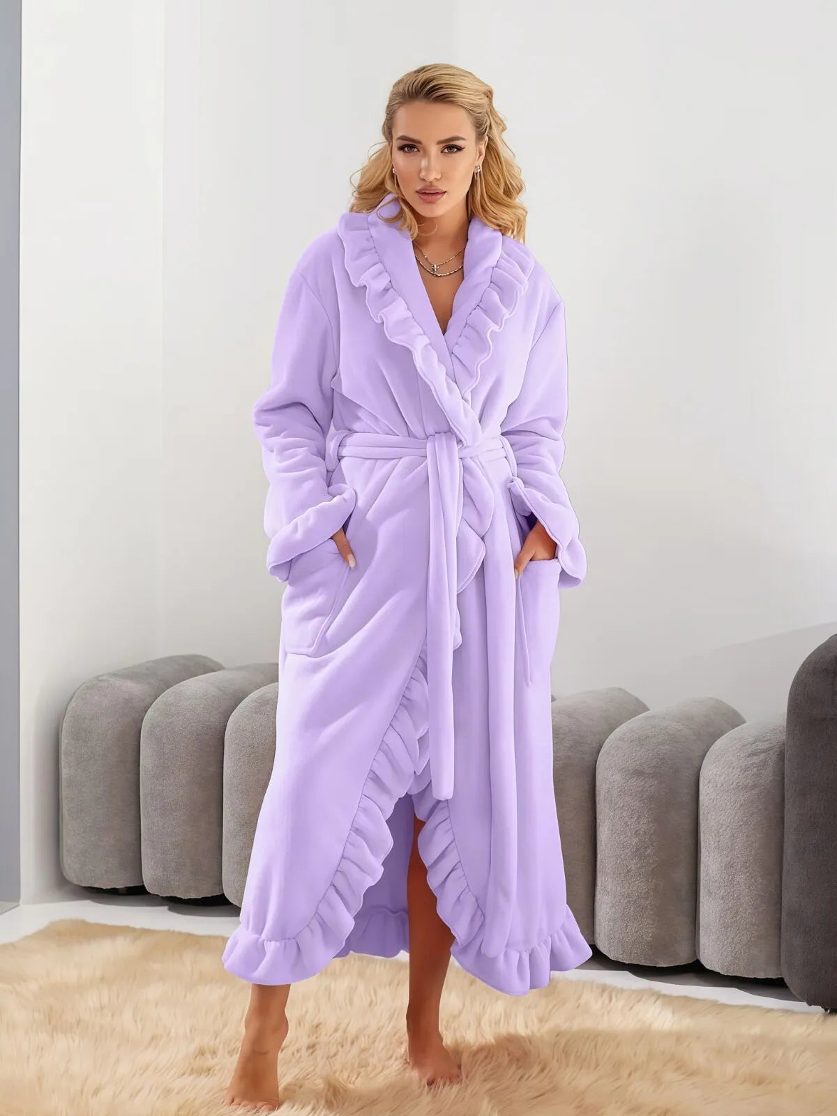 1pc Solid Fitted Long Sleeve Flannelette Robe with Ruffle Hem Cozy Warmth and Elegant Style, Thick and Soft Layered Bathrobe