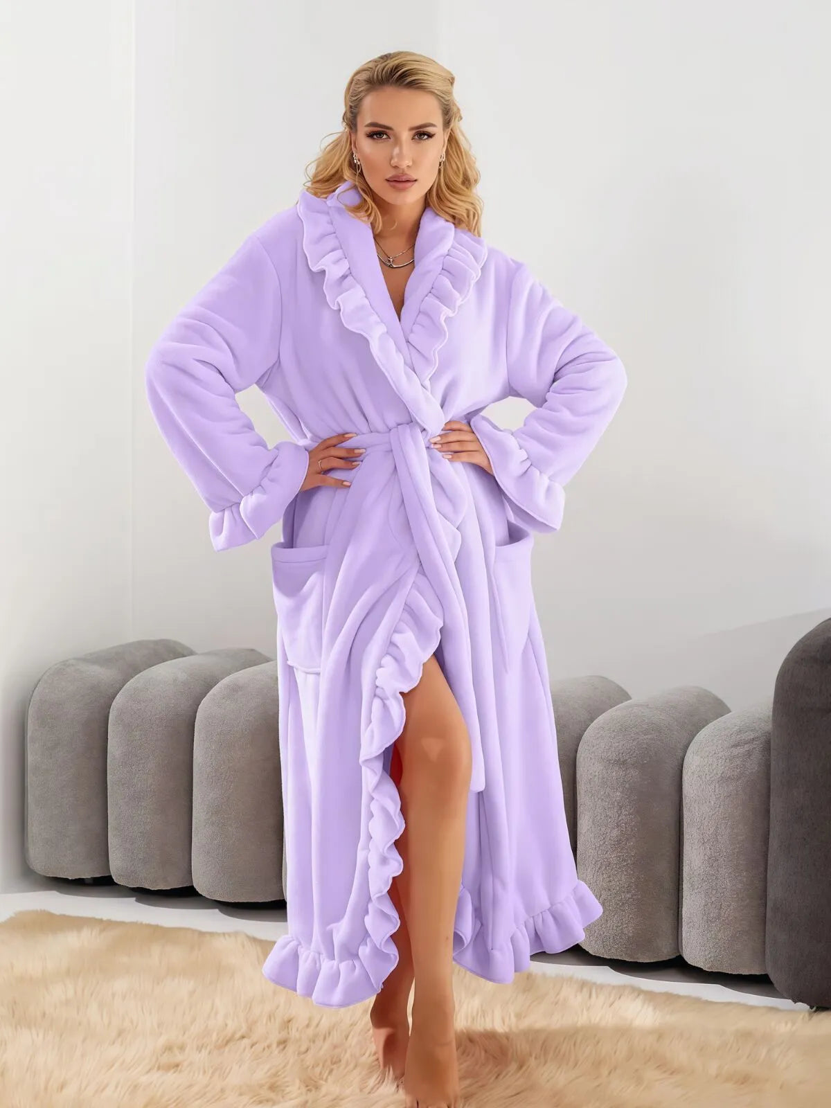1pc Solid Fitted Long Sleeve Flannelette Robe with Ruffle Hem Cozy Warmth and Elegant Style, Thick and Soft Layered Bathrobe