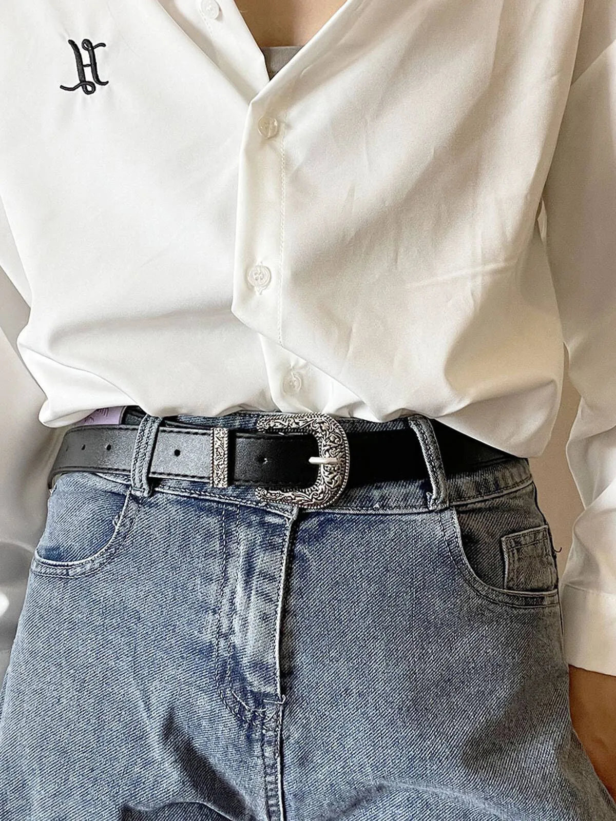 Casual Style 1pc Solid Metal Button Pu Leather Belt