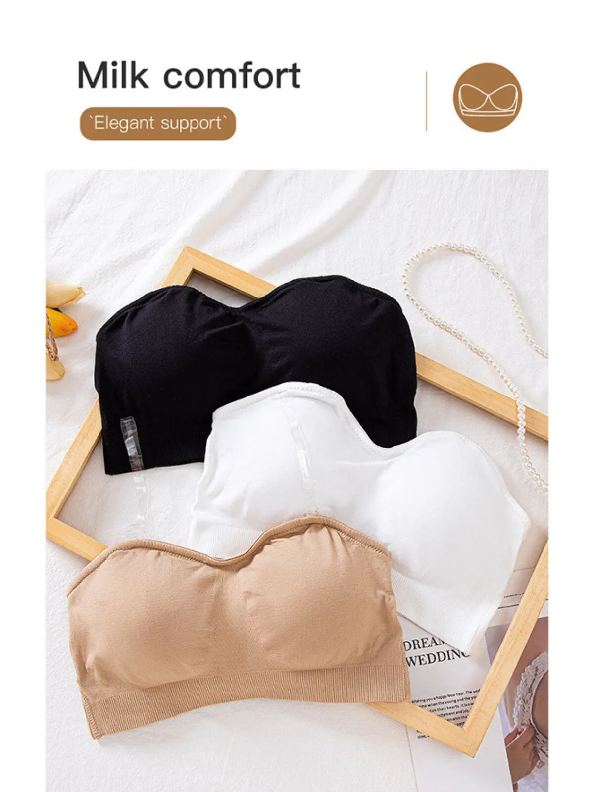 1pc Non-Slip Silicone Padded Strapless Wireless Tube Top  Solid Rib-knit Bras