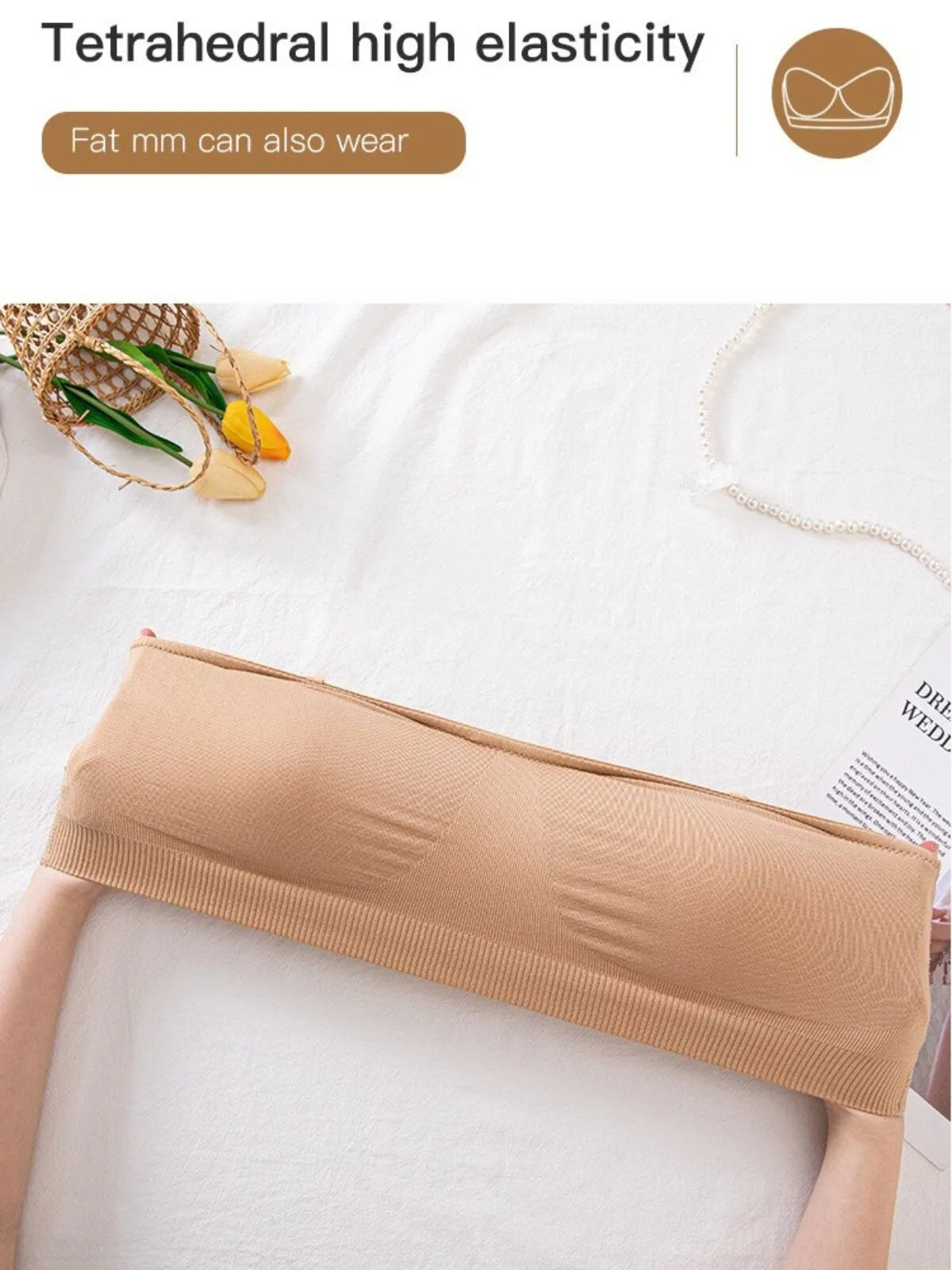 1pc Non-Slip Silicone Padded Strapless Wireless Tube Top  Solid Rib-knit Bras