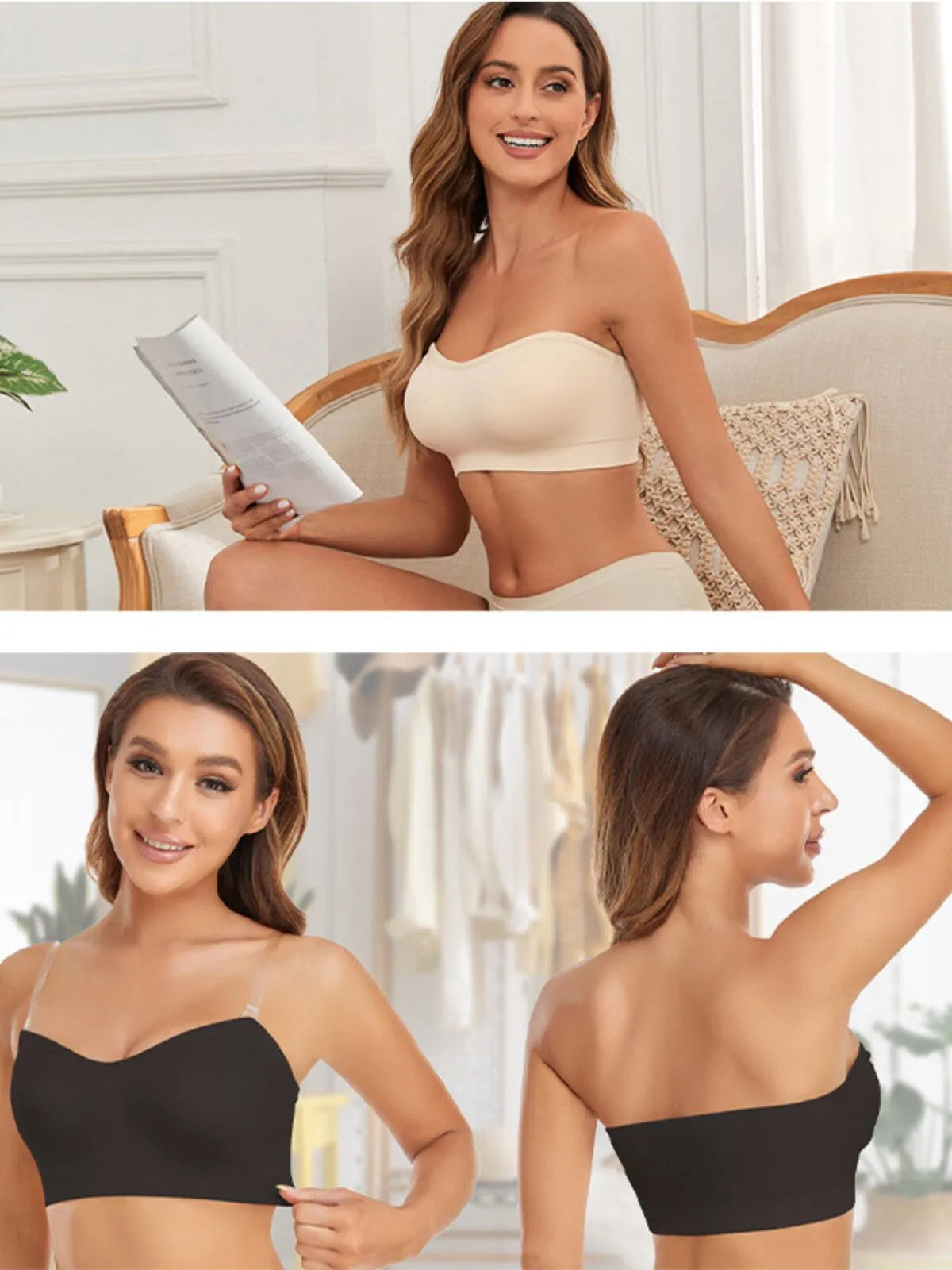 1pc Non-Slip Silicone Padded Strapless Wireless Tube Top  Solid Rib-knit Bras