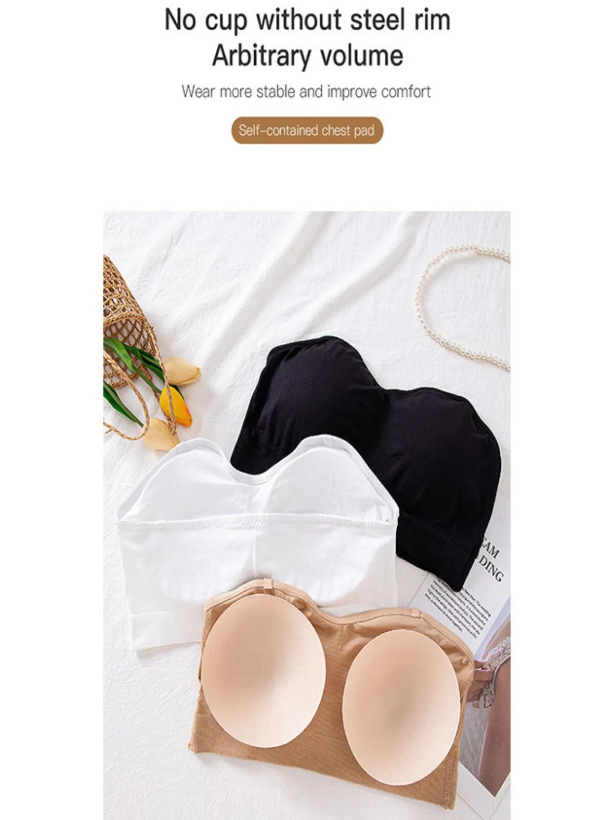 1pc Non-Slip Silicone Padded Strapless Wireless Tube Top  Solid Rib-knit Bras