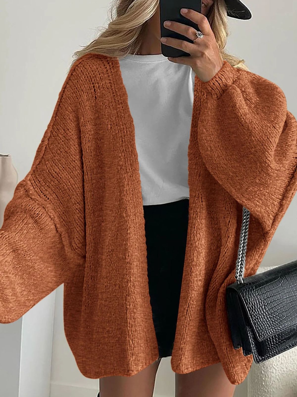 Solid Oversized Camel Outwear Fall Long Lantern Sleeve Knit Cardigan