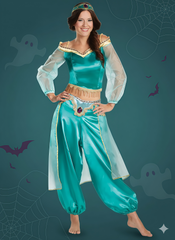 Solid Halloween Cosplay Aladdin's Magic Lamp Princess Jasmine Puff Off Shoulder Beading Blouse & Solid Lantern Pants, Including headdress