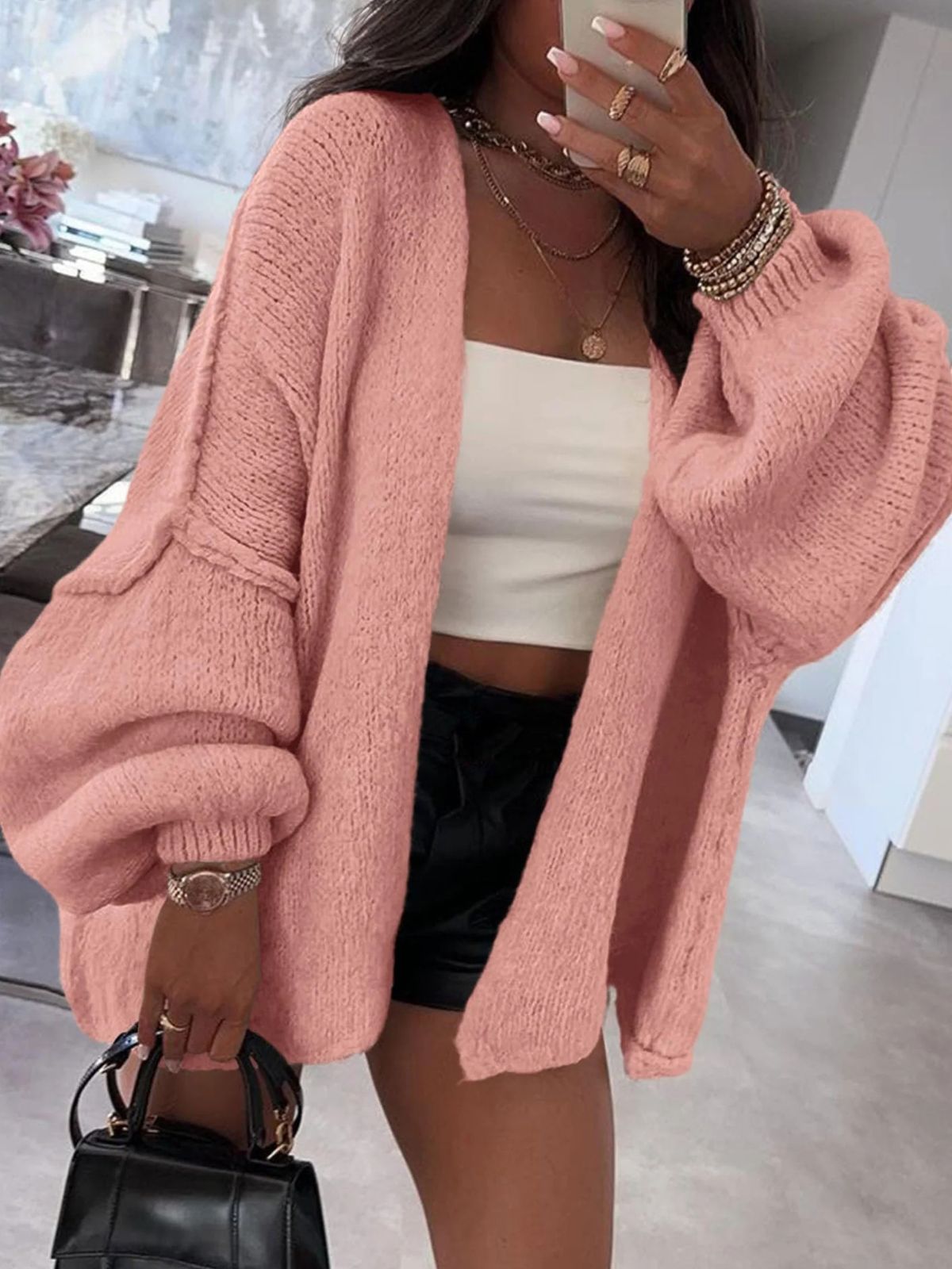 Solid Oversized Camel Outwear Fall Long Lantern Sleeve Knit Cardigan